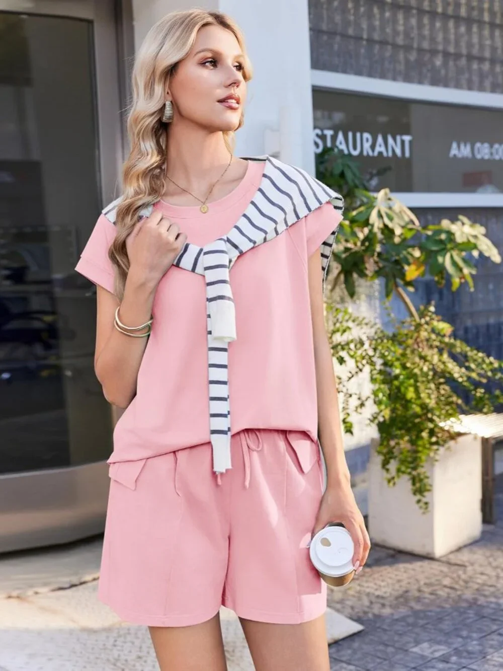 Womens Cotton 2 Piece Outfits Cap Sleeve Short Sets Crew Neck Matching Sets Summ